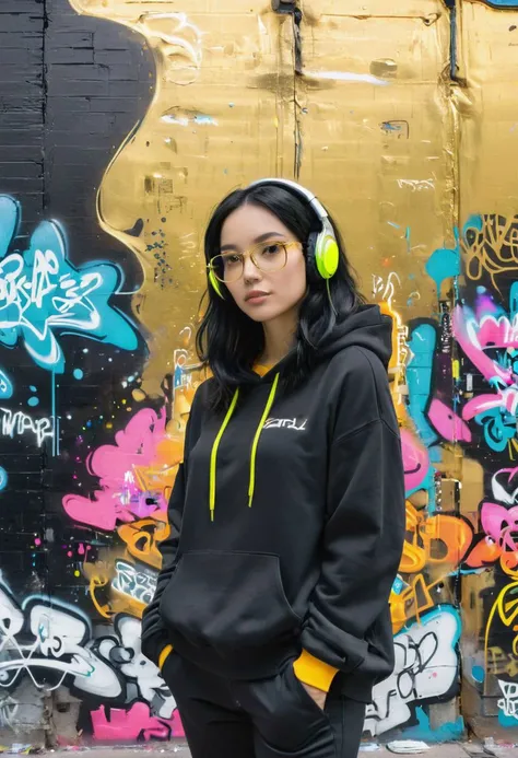 female programmer, neon hoodie, black hair, standing in front of a graffiti-covered wall. cosmic theme. headphones around the neck, gold-framed boxy glasses