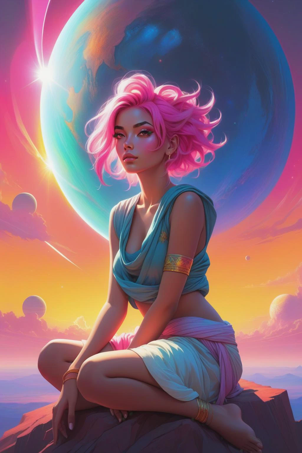 in the style of artgerm, (1girl),(in the sky is coronal flares and earthlike planet , sunset , sunlight with godrays, ),Sitting, leaning forward with elbows on knees,Dhoti, Choppy layers,extremely detailed clothes, Neon pink hair, looking at viewer, <lora:Retro_Ink_SDXL:0.4> retro ink, neon glow