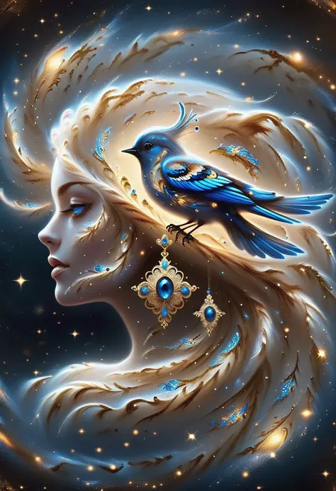 3D a person with elaborately styled blonde hair, her face is heavenly The hair is adorned with jewels and flowers, giving it an ornate appearance. A small, blue bird hovers near the person s head. The background features intricate golden patterns, reminiscent of fractal art or elaborate wallpaper designs. Swirling patterns and decorations give the image a fantastical or magical quality. Unfortunately, I cannot provide a specific prompt for this artwork, but it evokes a sense of mystery and enchantment