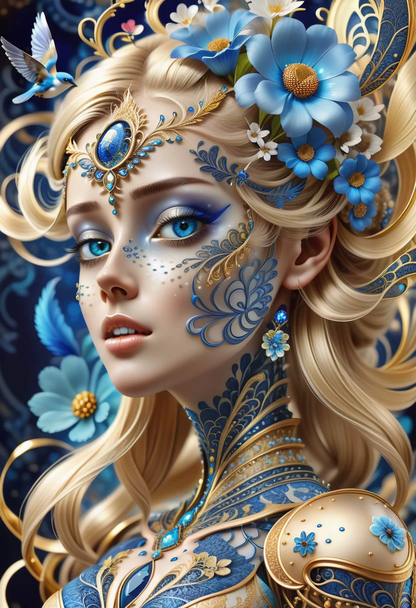 3D a person with elaborately styled blonde hair, her face is heavenly The hair is adorned with jewels and flowers, giving it an ornate appearance. A small, blue bird hovers near the person s head. The background features intricate golden patterns, reminiscent of fractal art or elaborate wallpaper designs. Swirling patterns and decorations give the image a fantastical or magical quality. Unfortunately, I cannot provide a specific prompt for this artwork, but it evokes a sense of mystery and enchantment