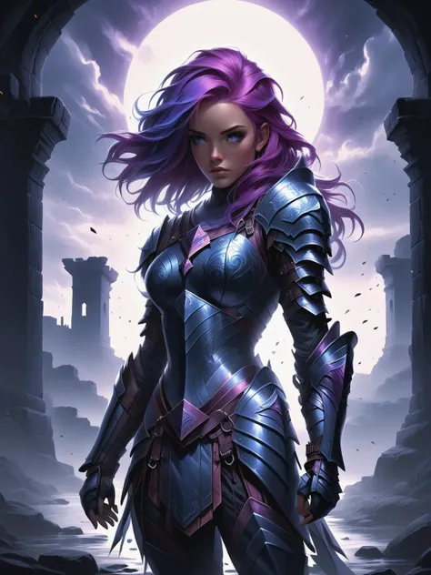 comic (video game concept art:1.2),box_art_frenzy, dark aura, fighting stance, Create a concept art of a young woman with vibrant (purple-blue hair) and breastplate and armor, ((looking sad, standing alone in a dark, mysterious fantasy world.)) She should appear strong yet vulnerable, dressed in adventure attire, with a hint of magic and ancient ruins in the background. The atmosphere should be somber, with subtle lighting highlighting her silhouette against the shadowy realm. <lora:Dark_Aura_XL_-_Filled_with_miasma:1> <lora:Box_Art_Frenzy:1> . graphic illustration, comic art, graphic novel art, vibrant, highly detailed