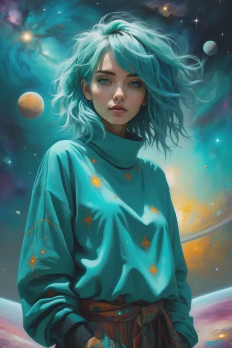 (1girl),(Ordained Stillness), beautiful woman, Choppy layers, extremely detailed clothes, Turquoise hair, looking at viewer, cosmic canvas, <lora:Cosmic_Canvas_SDXL:0.8>