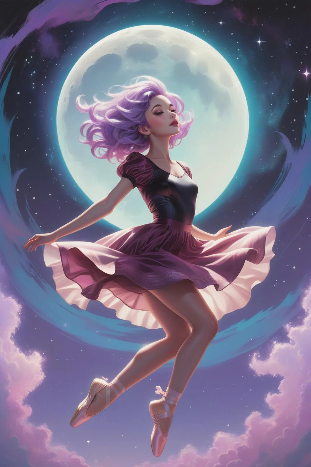 in the style of artgerm, (1girl),(in the sky is blackhole and empty moon and starfield , day, ),Jumping in a ballet leap, Beachy waves, extremely detailed clothes, Lilac hair, looking at viewer, <lora:Retro_Ink_SDXL:0.4> retro ink, neon Maroon glow
