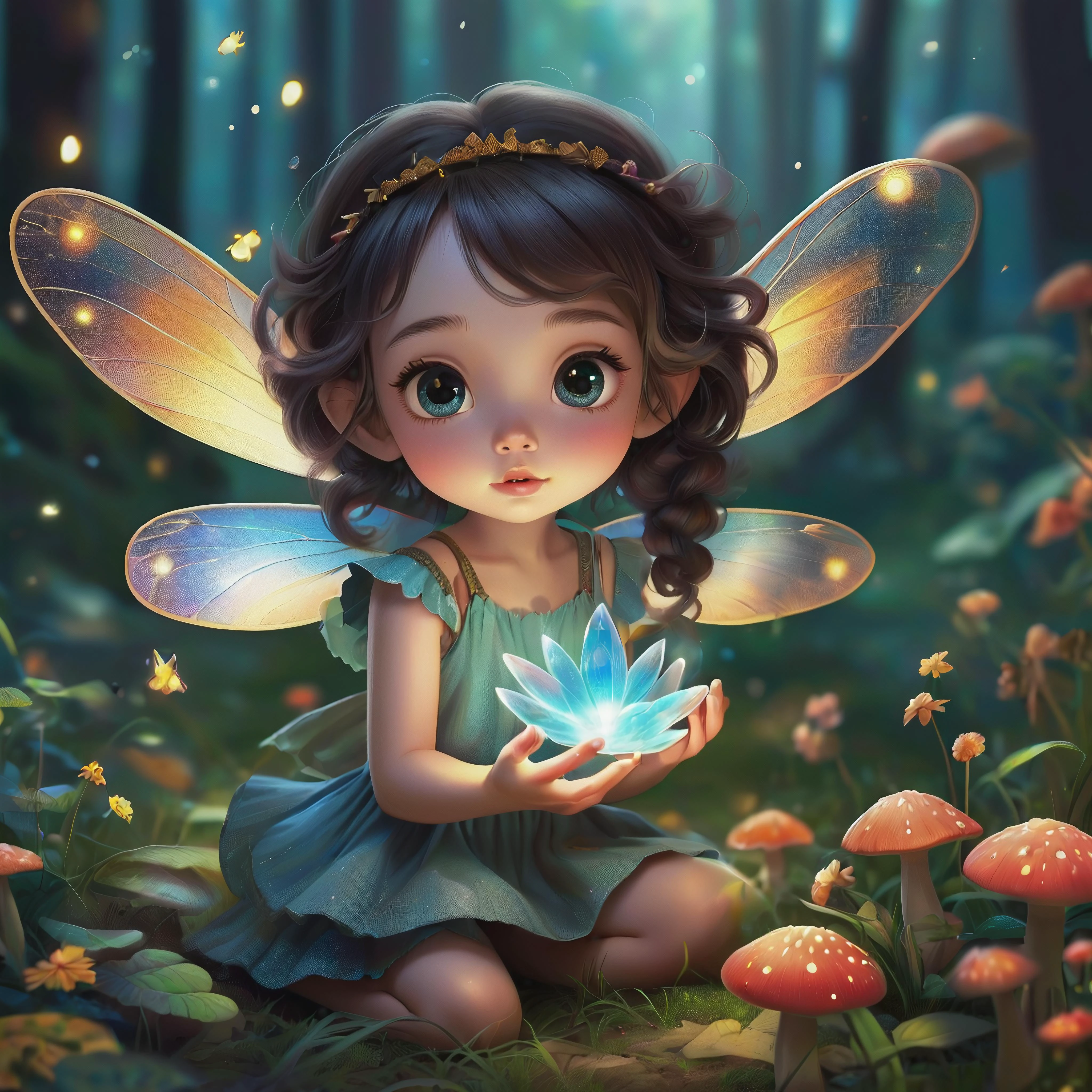Adorable fairy with iridescent dragonfly wings, standing in a field of mushrooms, holding a glowing crystal, mischievous expression on her face, surrounded by fireflies and magical creatures, playfulness and curiosity, Digital illustration, cute and dreamy
<lora:add-detail-xl:1.5>, <lora:mjv6:0.8>