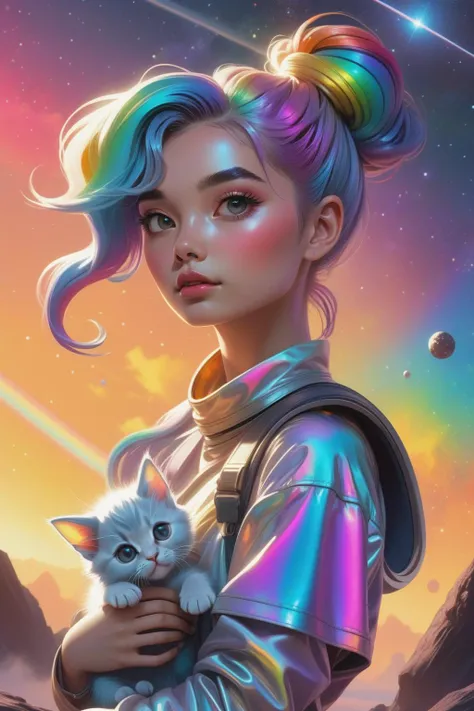 in the style of artgerm, (1girl),(in the sky is stars and asteroid belts ,               sunset , sunlight with godrays, ),Leaning and pretending to pet an invisible kitten, Top knot, extremely detailed clothes, Iridescent rainbow hair, looking at viewer, <lora:Retro_Ink_SDXL:0.4> retro ink, neon Mud Gray glow