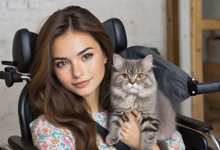 Sabrina, 
25 year old, 
long chestnut brown hair, 
dark brown eyes, 
light complexion, 
few freckles on her face, 
friendly face with fine facial features, 
petite stature, 
paraplegic, 
in a colorful wheelchair, 
with the gray persian cat Archi