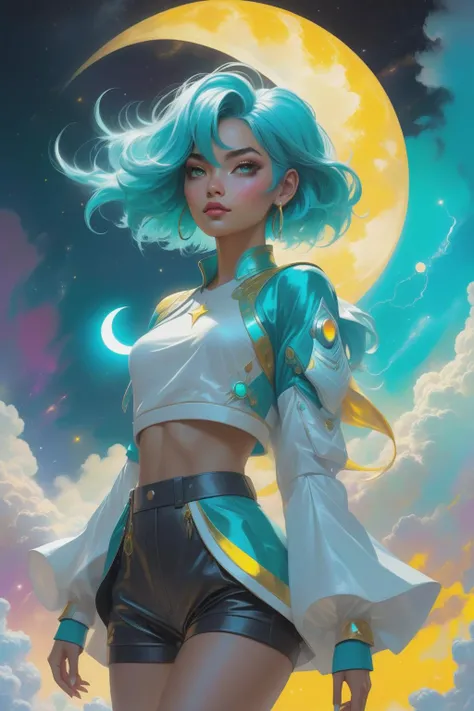 in the style of artgerm, (1girl),(in the sky is white  dwarf star and crescent moon ,               lighting strikes, and one big cloud,, ),Standing with one arm extended, Lob (long bob), extremely detailed clothes, Turquoise hair, looking at viewer, <lora:Painted World-000006:0.5> painted world, colorful Yellow splashes