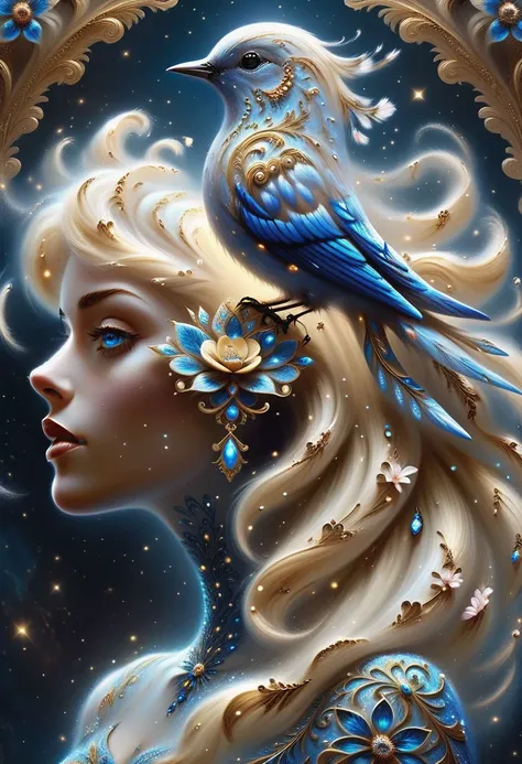 3D a person with elaborately styled blonde hair, her face is heavenly The hair is adorned with jewels and flowers, giving it an ornate appearance. A small, blue bird hovers near the person s head. The background features intricate golden patterns, reminiscent of fractal art or elaborate wallpaper designs. Swirling patterns and decorations give the image a fantastical or magical quality. Unfortunately, I cannot provide a specific prompt for this artwork, but it evokes a sense of mystery and enchantment