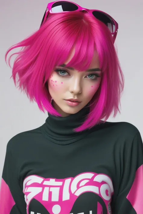 (1girl),(Powder Mark), beautiful woman, Shag haircut, extremely detailed clothes, Hot pink hair, looking at viewer,