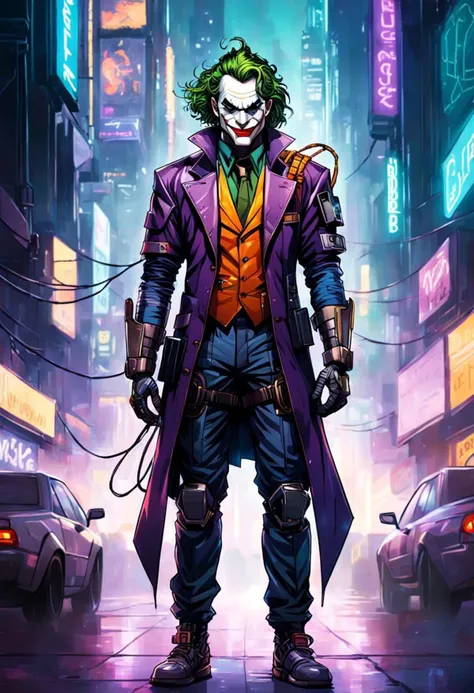 in the style of Dan Mumford, Cyberpunk Style, 1man, The Joker helmet, full body shot, half robotic face, cyberpunk clothing, metal cyberpunk gear, male focus, transparent cyberpunk background, robot, science fiction, solo, full body, wires and cables, <lora:ComicBookStyleSDXL:1> <lora:insanobot:1> <lora:Cyberpunk _Anime_sdxl:1>