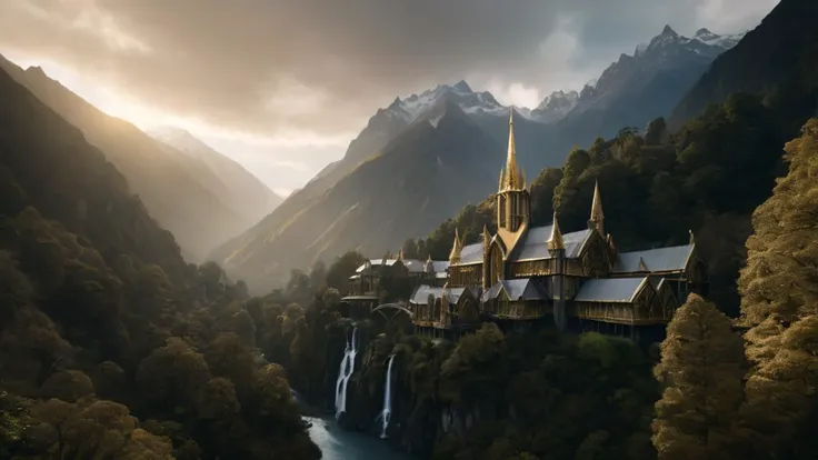 an eerie dark realistic photography of rivendell from the lord of the rings, gold adornings on the buildings,RAW, 8k, Award winning photography, National geographic, trending on art station