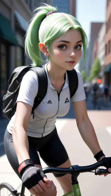 candid, gnome young Female messenger, light green hair in ponytail, no make up, natural complexion, pointed ear tips, natural eyebrows, cycling jersey, leggings, bicycle shorts, wicking shirt, biking gloves, satchel, Sharp focus, realistic details, detailed fingers, perspiration, modern downtown setting, urban setting, natural lighting, deep shadows