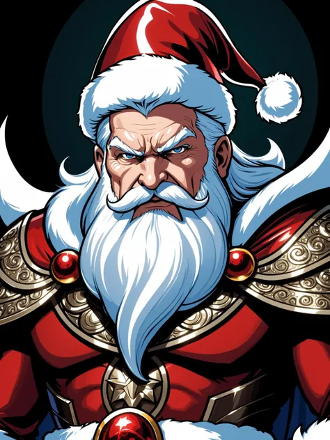 comic 1man, Santa Claus Overlord, supreme leader, wearing intricate overlord christmas armor, angry <lora:d\EnvyMetallicXL01:1> metallic . graphic illustration, comic art, graphic novel art, vibrant, highly detailed