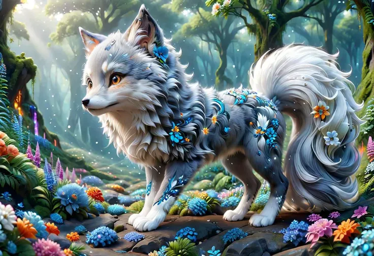 (masterpiece, top quality, best quality, official art, beautiful and aesthetic:1.2), (cute grey and white baby vixen, extremely detailed, (fractal art:1.1),(colorful:1.0), (flowers:1.3), highest detailed,(zentangle:0.2), (dynamic pose), (abstract background:1.4), side view, cute big blue eys, go, smile, look to camera, fluffy