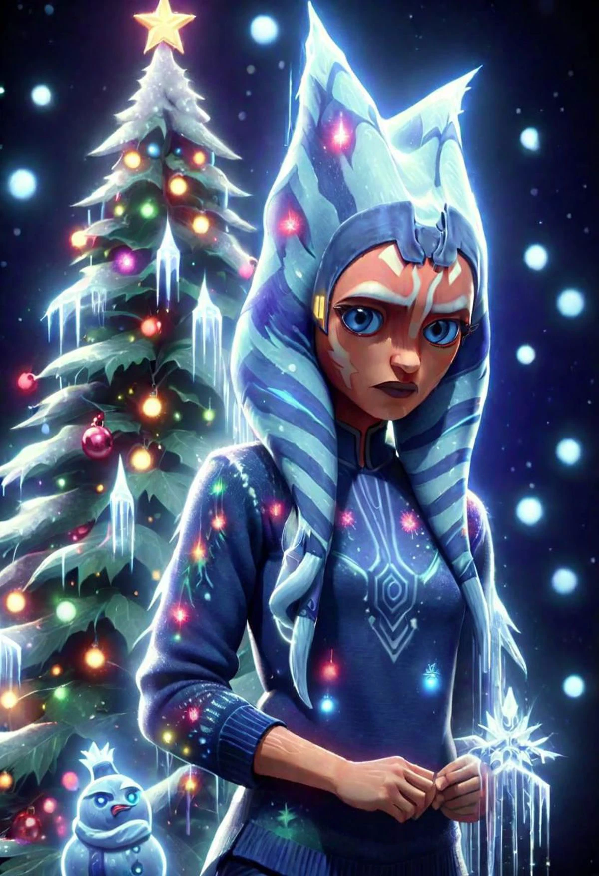 ahsoka tano in a blue christmas sweater, a cute holographic Christmas tree made of ice with Christmas lights and a cute holographic blue Epoch Elves , DonMN30nChr1stGh0stsXL, detailed, realistic, sharp focus