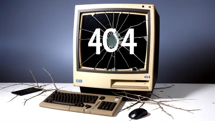 "404",old broken up computer with "404" on its cracked and broken screen