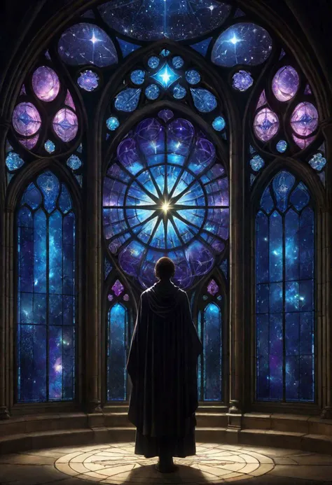 dark. peaceful, Stained-Glass, hyperdimensional, map beyond the stars