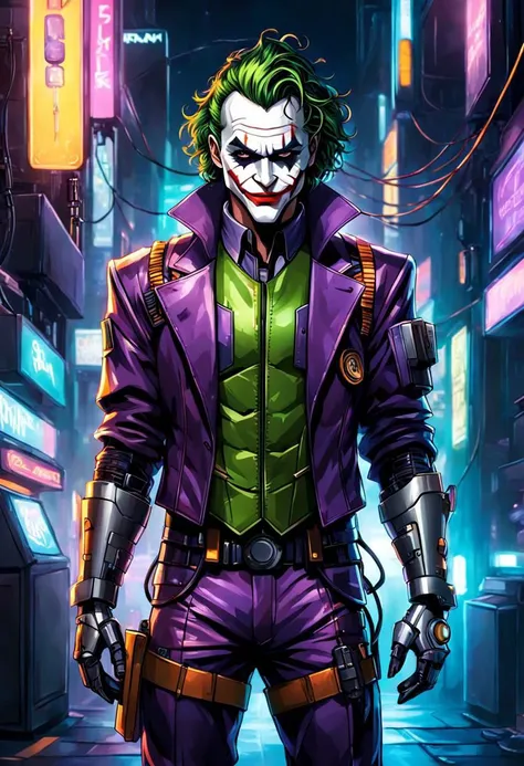 in the style of Dan Mumford, Cyberpunk Style, 1man, The Joker helmet, full body shot, half robotic face, cyberpunk clothing, metal cyberpunk gear, male focus, transparent cyberpunk background, robot, science fiction, solo, full body, wires and cables, <lora:ComicBookStyleSDXL:1> <lora:insanobot:1> <lora:Cyberpunk _Anime_sdxl:1>