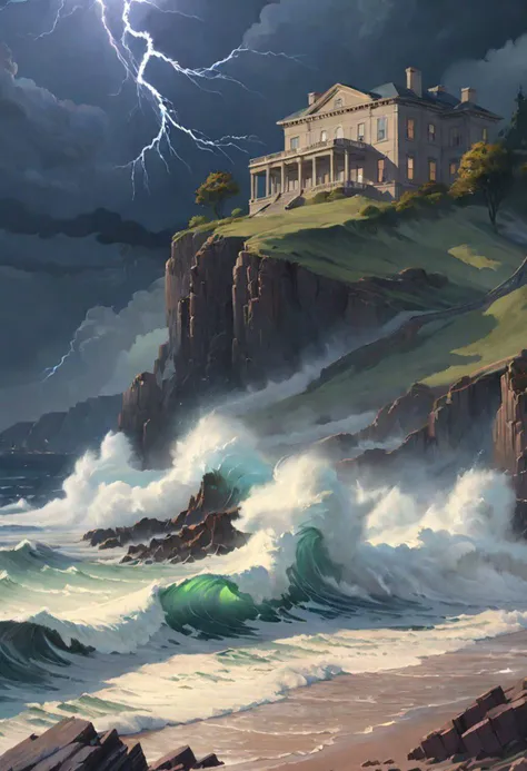 sdgtl, A painting of a rocky beach with grand waves crashing on it and a thunder in the background with a mansion on the hill, extremely detailed oil painting, volumetric light, 16k, artstation.
