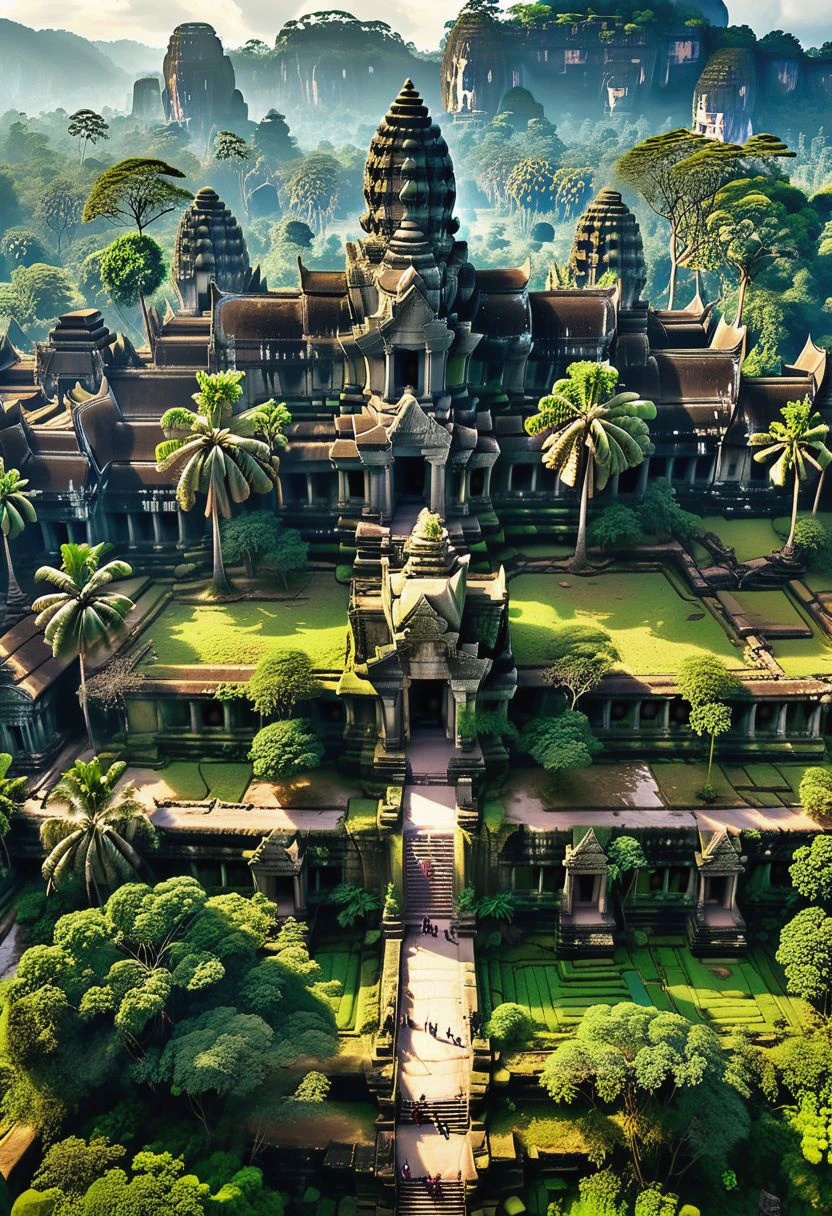 hyperdetailed, hyperrealistic, 8k, high quality, hi res, best quality, high quality, absurd res, natural lighting, intricate, soft warm lighting,
In the heart of a lush valley, surrounded by majestic mountains, lies the Grand City of Angkor Wat,hindu temple,lush vegetation,