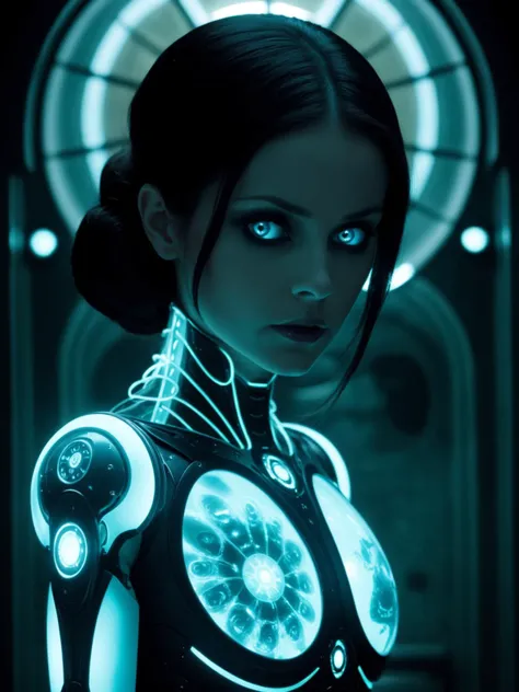 lady as a robotic bioluminescence, tragic found footage, b-, scenic, grotesque,ambiguous,possessed,occult,spellbound,gloomy