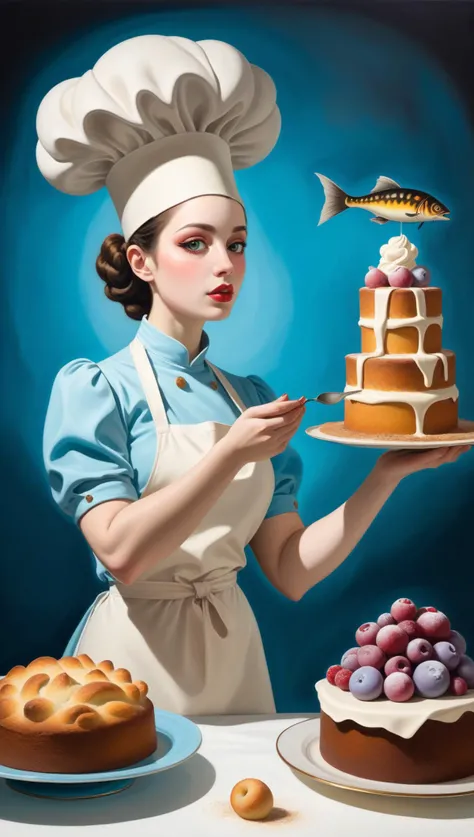 a surrealistic realm where a woman's mastery of baking becomes a catalyst for profound change in the world. Her very presence defies conventional reality as she merges seamlessly with the whimsical essence of her craft, surrealist painting that transcends the boundaries of logic and invites viewers into a dreamlike state. The forms are distorted and fantastical, blurring the lines between the woman and her extraordinary baked creations. Each brushstroke captures the essence of her unconventional spirit and the surreal journey she undertakes, in the style of Salvador Dalí and René Magritte, a world where the laws of physics bend to the woman's will. Gravity defies as cakes float mid-air, and pastries transform into whimsical creatures. The ambiance is imbued with a sense of wonder and possibility, as the surreal environment reflects the profound impact of her innovative baking techniques, high-resolution surrealist masterpiece, where every stroke of the brush evokes intrigue and awe. From the enchanting details of the woman's ethereal presence to the surreal elements that defy logic, the artwork beckons viewers to explore the transformative power of baking through a surreal lens