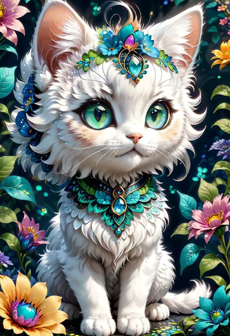 (masterpiece, top quality, best quality, official art, beautiful and aesthetic:1.2), (1kitten, extremely detailed,(fractal art:1.1),(colorful:1.1)(flowers:1.3),highest detailed,(zentangle:1.2), (dynamic pose), (abstract background:1.3), side view, chibi, fluffy, cute big eys, art by mooncryptowow, happy, ral-fluff, cute big eyes, sexy eyes