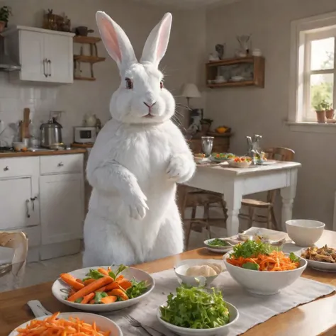 large white bunny standing on dinner table set with salad bowls holding a carrot HDR low camera angle dramatic shadows high dynamic range