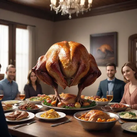 (whole entire full (standing giant huge roasted fried (cooked turkey dinosaur)) on beautiful dining room table thanksgiving dinner), ((group of people family friends in the background)), (4k, 8k, cinematic, spotlight lighting, extreme detail, ultra quality, HD, high definition, HDR, high dynamic range, octane render, Masterpiece, best quality, colorful, 8k wallpaper, Volumetric Lighting, best shadows, crisp clear ultra definition, hyper realistic realism)
