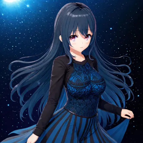 Older Futaba, Fantasy Art Style, High Quality, High Resolution, Sharp, Long Hair, High Resolution Eyes, Full Body, High-Definition, Fantasy Background, (Dark Blue Hair:1.1)