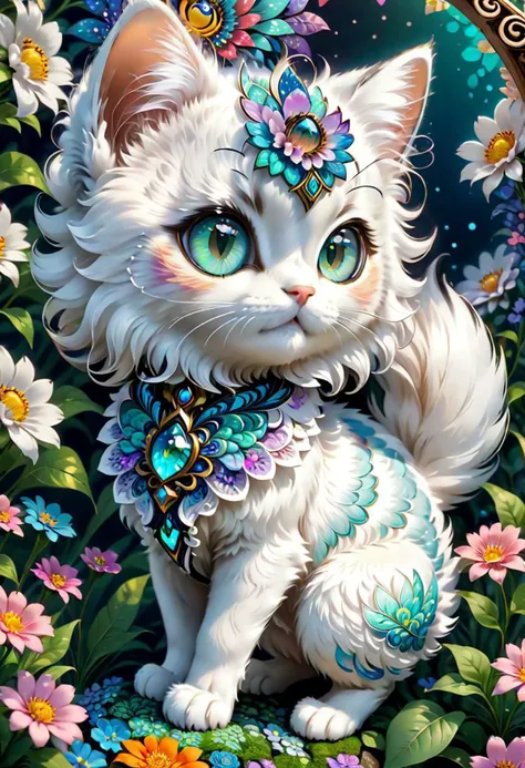 (masterpiece, top quality, best quality, official art, beautiful and aesthetic:1.2), (1kitten, extremely detailed,(fractal art:1.1),(colorful:1.1)(flowers:1.3),highest detailed,(zentangle:1.2), (dynamic pose), (abstract background:1.3), side view, chibi, fluffy, cute big eys, art by mooncryptowow, happy, ral-fluff, cute big eyes, sexy eyes