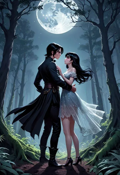 A girl with black hair, a witch, with a man with claws in a forest clearing on a full moon, (art:1.3), digital art, intricate details, high quality, masterpiece, 4k, pastel colors, art, high quality, high detail,magical, mad-love