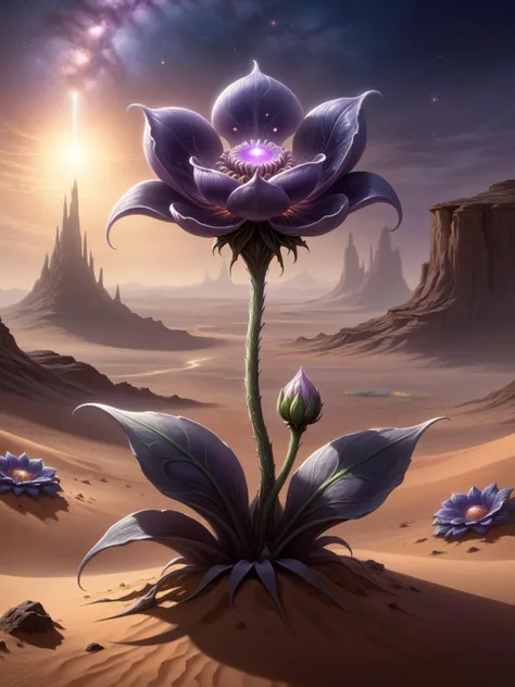 ethereal fantasy concept art of horror-themed breathtaking a single delicate flower growing in the middle of the desert <lora:ColorART:0.8> ColorART, colorful <lora:alienzkin:0.4> alienzkin <lora:DonMASKTexXL:0.6> DonMASKTexXL , masterpiece, award-winning, professional, highly detailed, eerie, unsettling, dark, spooky, suspenseful, grim, highly detailed, magnificent, celestial, ethereal, painterly, epic, majestic, magical, fantasy art, cover art, dreamy
