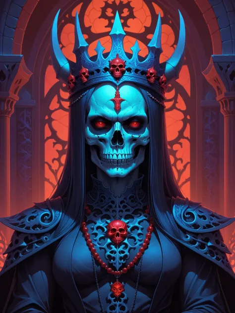 Gothic style skull demon king concept art portrait by Casey Weldon, blacklight Olga Kvasha, Miho Hirano, hyperdetailed intricately detailed gothic art trending on Artstation triadic colors Unreal Engine 5 detailed matte painting, deep color, fantastical, intricate detail, splash screen, complementary colors, fantasy concept art, 8k resolution, gothic deviantart masterpiece, . Dark, mysterious, haunting, dramatic, ornate, detailed