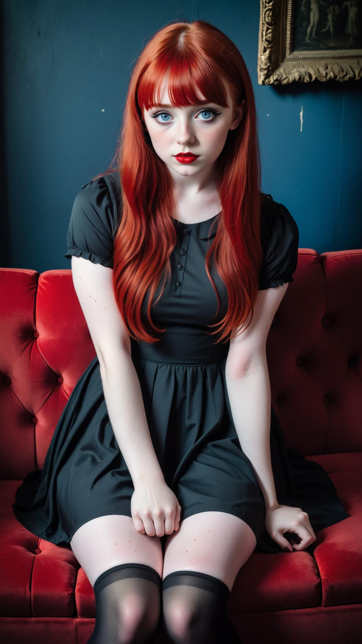 Photograph of a cute Irish goth woman, 20 years old, (sitting on a red sofa:1.8), very busty, very long red hair with bangs, pale blue eyes, red lipstick, thick wing eyeliner, black well fitting cute short sleeve fit and flare skater dress, black thigh-high nylon socks, in a dimly lit gothic room, red walls, photography, Olympus OM-1, subject focus, flattering lighting, eye catchlight, (3/4 headshot:2), centered image, symmetrical