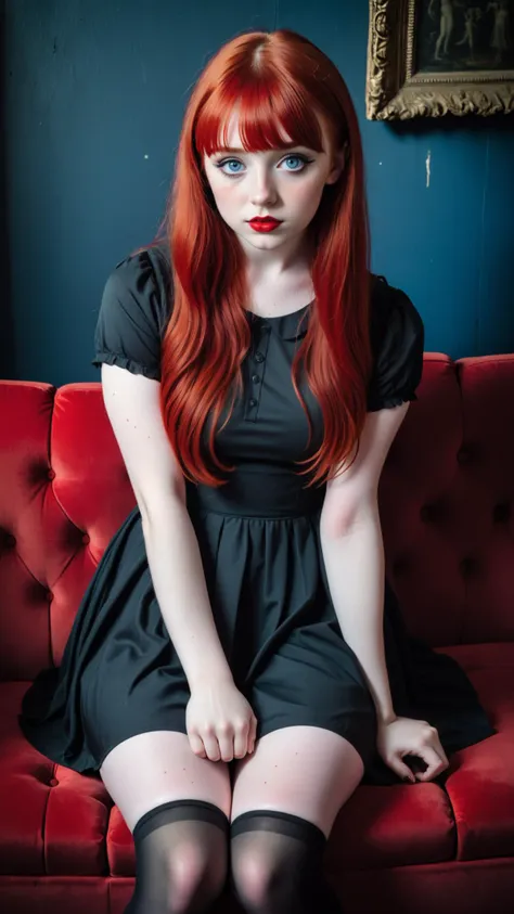 Photograph of a cute Irish goth woman, 20 years old, (sitting on a red sofa:1.8), very busty, very long red hair with bangs, pale blue eyes, red lipstick, thick wing eyeliner, black well fitting cute short sleeve fit and flare skater dress, black thigh-high nylon socks, in a dimly lit gothic room, red walls, photography, Olympus OM-1, subject focus, flattering lighting, eye catchlight, (3/4 headshot:2),  centered image, symmetrical