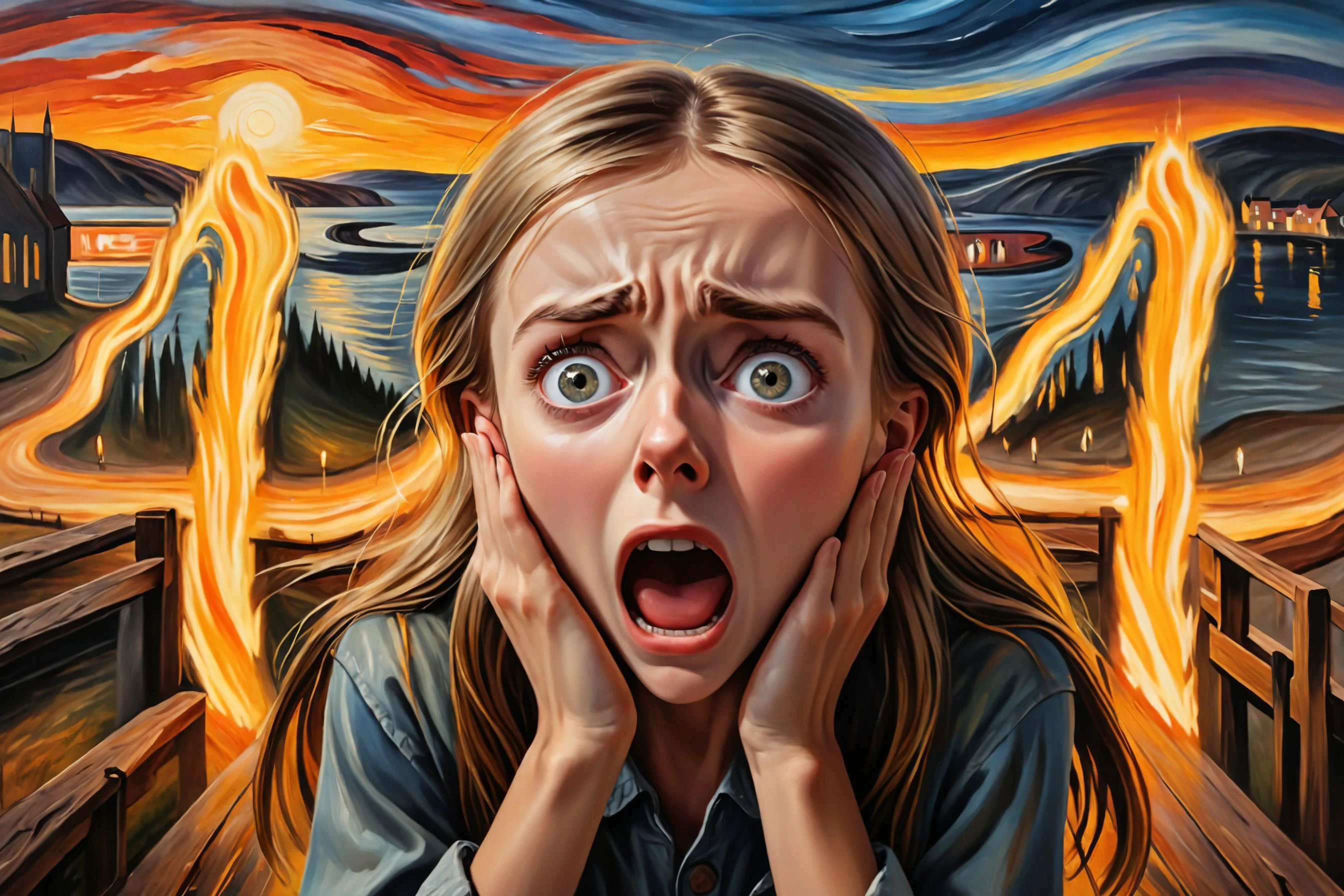 (pretty young girl with her hands on her cheeks screaming in fear and despair:1.3), the scream, (hands on cheeks:1.6), (scared eyes:1.3) <lora:XL_style_[Edvard Munch Style]_v1_(182009):1>, (masterpiece, top quality, best quality, detailed scenery background, official art, beautiful and aesthetic, extremely detailed, best quality, absurdres:1.3), (detailed realistic shiny skin:1.3) with (oil highlights:1.2), (detailed natural lighting, depth of field:1.3) (hyperrealistic:1.5), vivid 16k colorful hdr, highest detailed