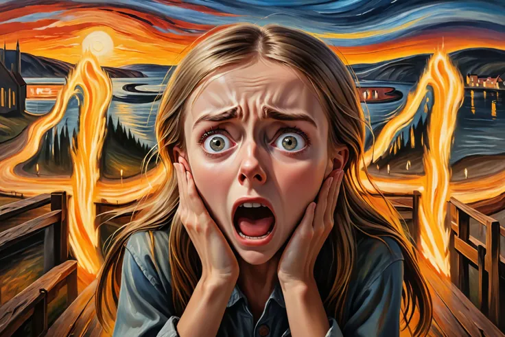 (pretty young girl with her hands on her cheeks screaming in fear and despair:1.3), the scream, (hands on cheeks:1.6), (scared eyes:1.3) <lora:XL_style_[Edvard Munch Style]_v1_(182009):1>, (masterpiece, top quality, best quality, detailed scenery background, official art, beautiful and aesthetic, extremely detailed, best quality, absurdres:1.3), (detailed realistic shiny skin:1.3) with (oil highlights:1.2), (detailed natural lighting, depth of field:1.3) (hyperrealistic:1.5), vivid 16k colorful hdr, highest detailed