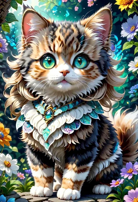 (masterpiece, top quality, best quality, official art, beautiful and aesthetic:1.2), maincoon kitten, extremely detailed, fractal art, colorful, flowers, highest detailed, zentangle, dynamic pose, abstract background, side view, chibi, fluffy, cute big eys, art by mooncryptowow, happy, cute big eyes, sexy eyes