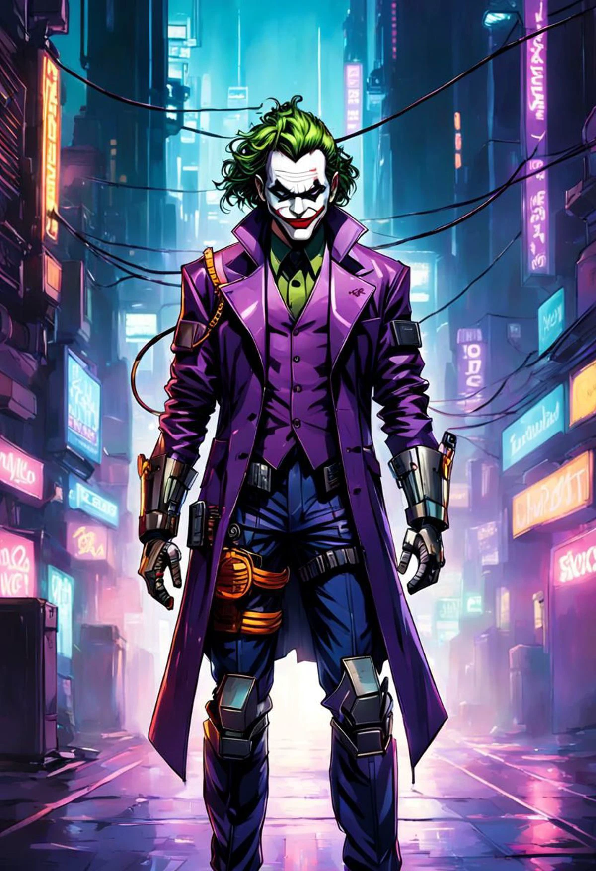 in the style of Dan Mumford, Cyberpunk Style, 1man, The Joker helmet, full body shot, half robotic face, cyberpunk clothing, metal cyberpunk gear, male focus, transparent cyberpunk background, robot, science fiction, solo, full body, wires and cables, <lora:ComicBookStyleSDXL:1> <lora:insanobot:1> <lora:Cyberpunk _Anime_sdxl:1>