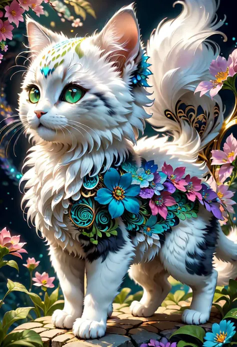 (masterpiece, top quality, best quality, official art, beautiful and aesthetic:1.2), (1kitten, extremely detailed,(fractal art:1.1),(colorful:1.1)(flowers:1.3),highest detailed,(zentangle:1.2), (dynamic pose), (abstract background:1.3), side view, chibi, fluffy, cute big eys, art by mooncryptowow