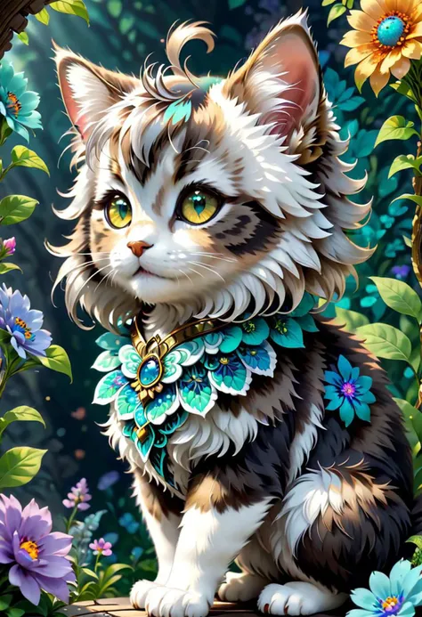 (masterpiece, top quality, best quality, official art, beautiful and aesthetic:1.2), maincoon kitten, extremely detailed, fractal art, colorful, flowers, highest detailed, zentangle, dynamic pose, abstract background, side view, chibi, fluffy, cute big eys, art by mooncryptowow, happy, cute big eyes, sexy eyes