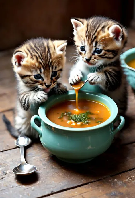 kittens drinking soup