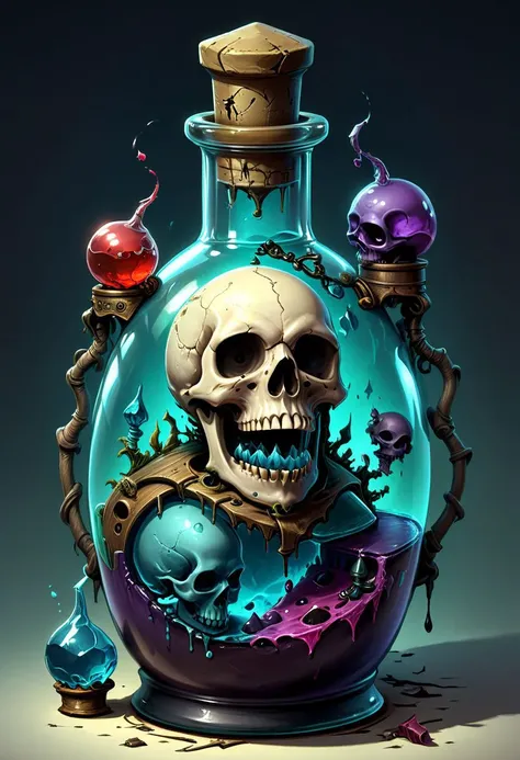rendering 3d, a skull in a bottle with water and a skull inside, painting of a health potion, hyperrealistic bottle of poison and magic concoctions, love potion, potion, poison drip, alchemy concept, by Justin Gerard, skull fantasy, by Kyle Lambert, concept art design illustration, detailed, detailed art, full color scary detailed art, fantasy game art style, style-nebmagic