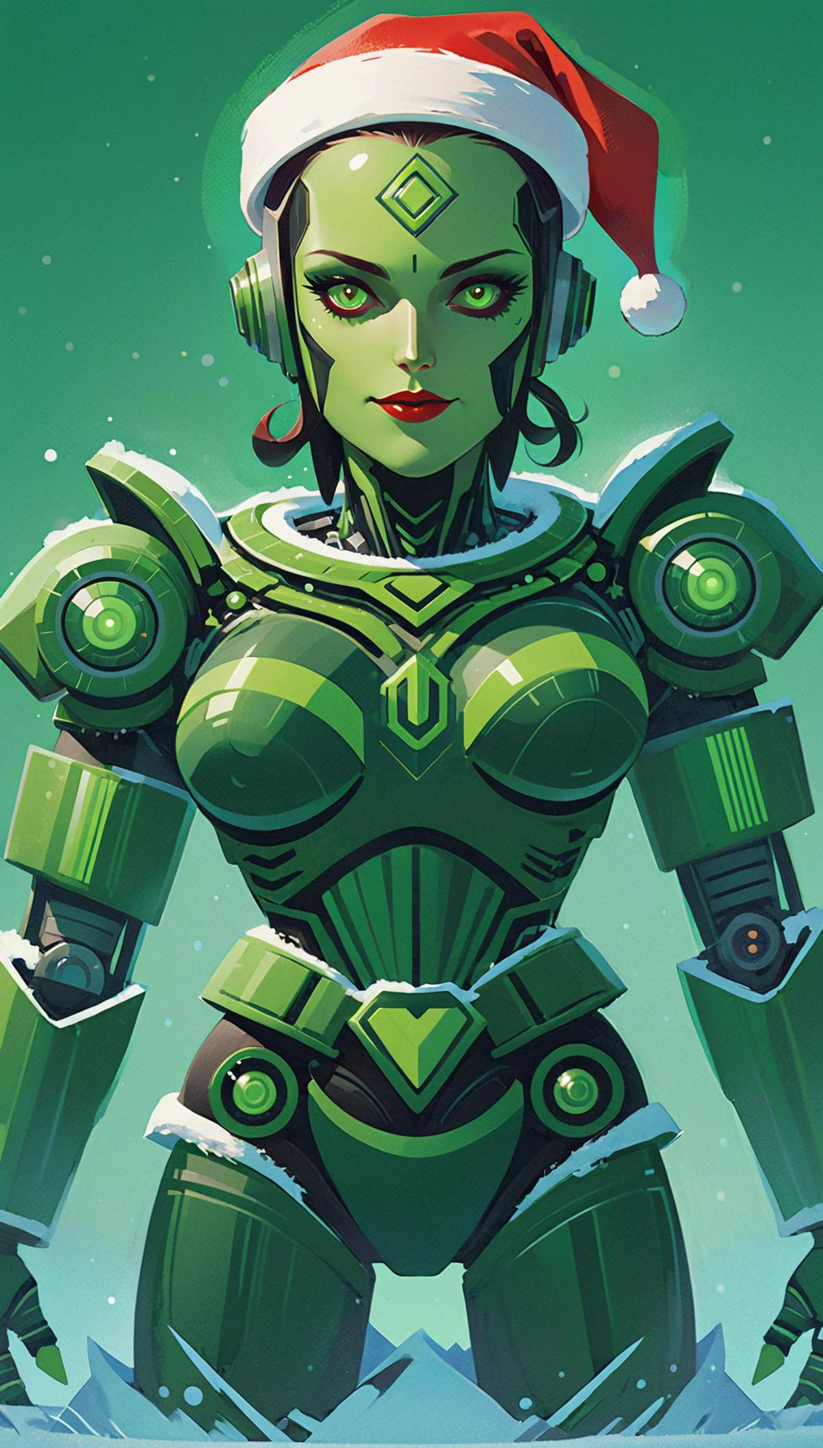 Sexy evil robot santa claus, christmas, green, <lora:FF_Style_-_James_v232:0.8> James Gilleard, james gilleard artwork, in the style of james gilleard, gilleard illustration <lora:drdjns:0.8> psychedelic art, drdjns style