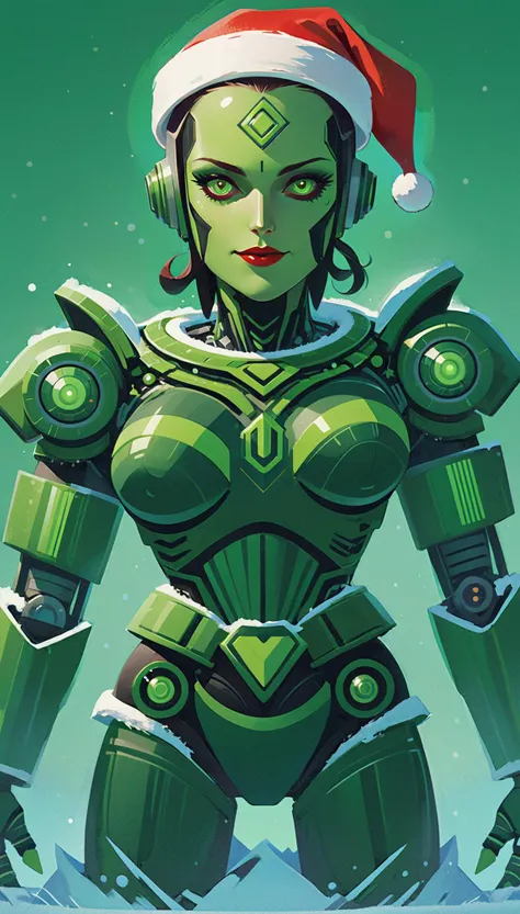 Sexy evil robot santa claus, christmas, green,  <lora:FF_Style_-_James_v232:0.8>  James Gilleard, james gilleard artwork,  in the style of james gilleard, gilleard illustration <lora:drdjns:0.8> psychedelic art, drdjns style