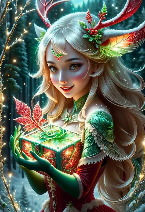 Abstract art in the style of Andy Kehoe, hyperdetailed, half body photo of a Joyful Reaction anthro woman, Holding a Gift Red Box with Green ribbon in her hands, Medium Breasts, elk antler, (((glow red nose))), (((red glowing bright snout))), emerald ornate, intricate, soft, dreamy, fireflies, golden ratio, perfect composition, pale background, seductive pose, seductive expression, holding a present,