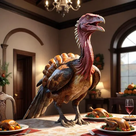 ((giant fried raptor dinosaur turkey standing at full beautiful dining room table thanksgiving dinner), (4k, 8k, cinematic, spotlight lighting, extreme detail, ultra quality, HD, high definition, HDR, high dynamic range, octane render, Masterpiece, best quality, colorful, 8k wallpaper, Volumetric Lighting, best shadows, crisp clear ultra definition, hyper realistic realism)