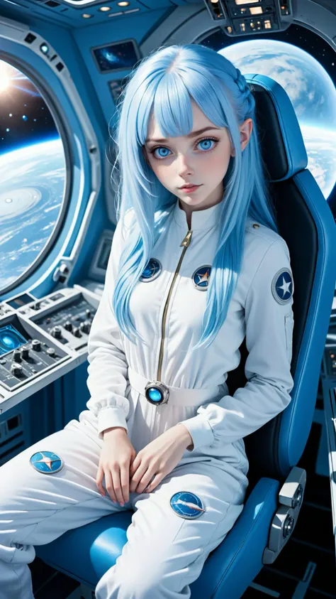 Photograph of a cute woman flying a spaceship, sitting ladylike in the captain's chair, (white/blue jumpsuit:1.6), very pale piercing blue eyes, long light blue hair with a fringe, deep space seen through the viewport, detailed eyes, detailed skin, detailed face, photography, hard light, full body shot, centered image, symmetrical
