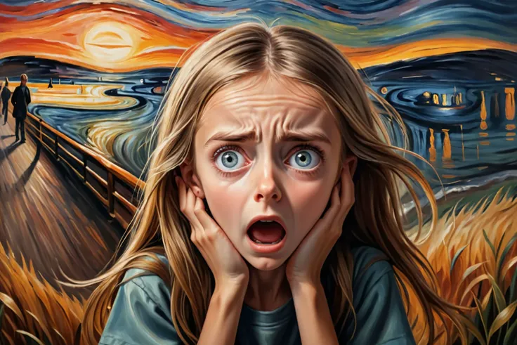 (pretty young girl with her hands on her cheeks screaming in fear and despair:1.3), the scream, (hands on cheeks:1.6), (scared eyes:1.3) <lora:XL_style_[Edvard Munch Style]_v1_(182009):1>, (masterpiece, top quality, best quality, detailed scenery background, official art, beautiful and aesthetic, extremely detailed, best quality, absurdres:1.3), (detailed realistic shiny skin:1.3) with (oil highlights:1.2), (detailed natural lighting, depth of field:1.3) (hyperrealistic:1.5), vivid 16k colorful hdr, highest detailed